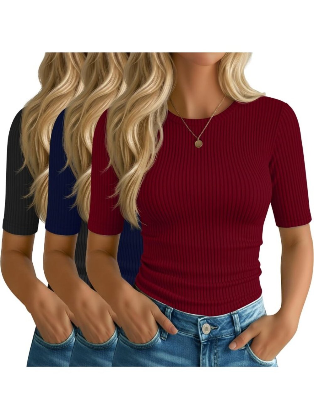 3 Pack Women's Elbow Length Ribbed Tees - Soft, Stylish, Versatile Tops